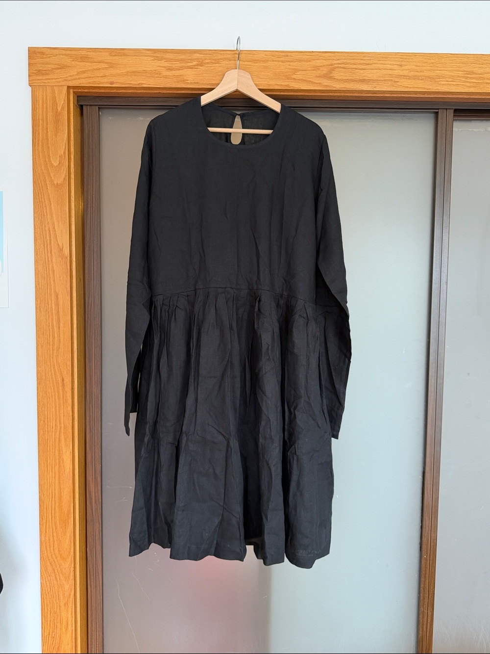 French Linen Black Long-Sleeve drop Waist Dress